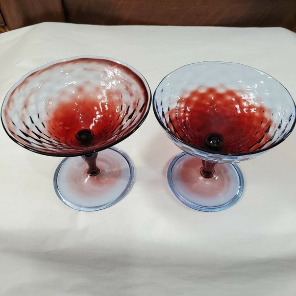 2 Handblown Diamond Optic Blue Red Champagne Coupes quilted footed sherbet - Picture 4 of 12